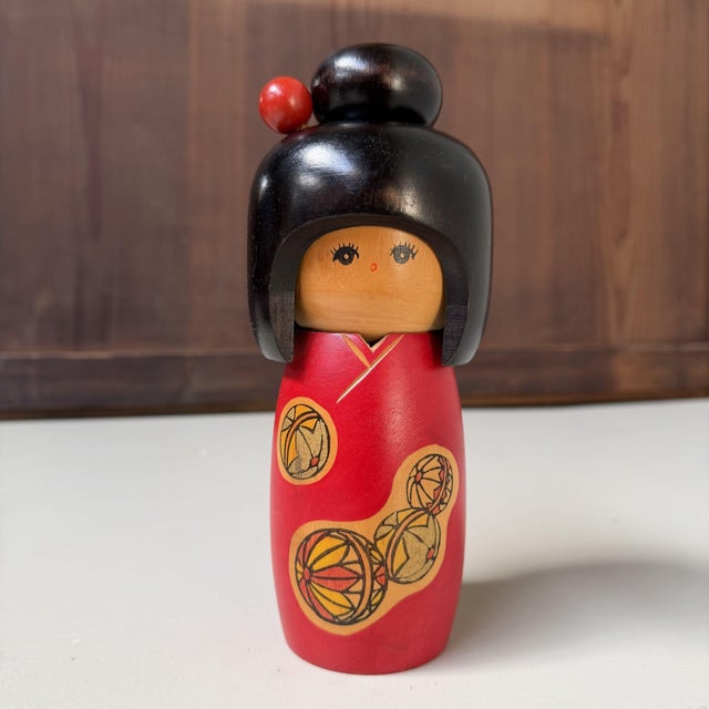 Red Vintage Sōsaku Kokeshi with Temari Motif, 1980s For Sale - Image 8 of 8