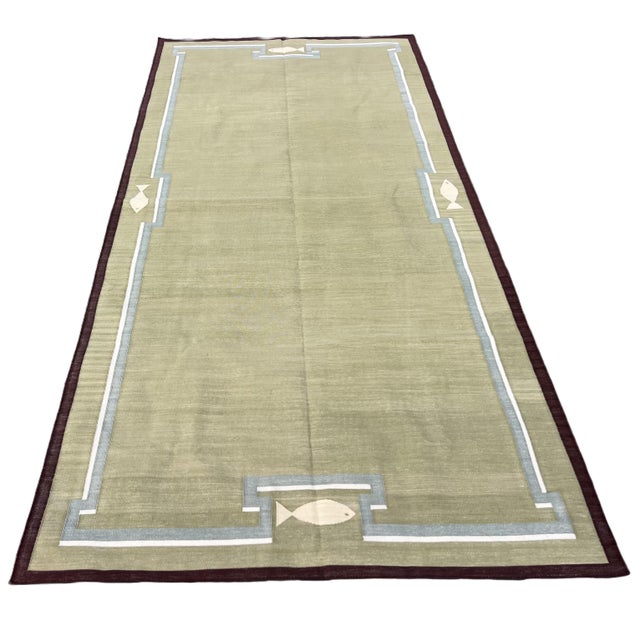 Mid-Century Modern Handmade Cotton Dhurrie Runner, Olive Green and Wine Border Fish Patterned Runner Rug- 4'x10' For Sale - Image 3 of 12