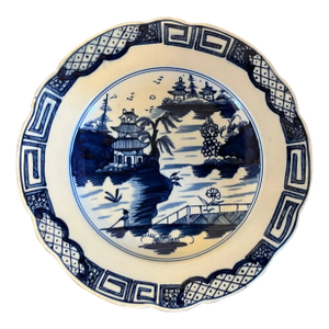 Antique 18th Century English George III Caughley Blue and White Porcelain Plate in the Chinoiserie Weir Pattern