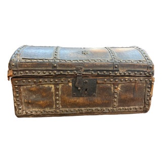 19th-Century Antique Brass-Studded Leather Document Box Trunk For Sale