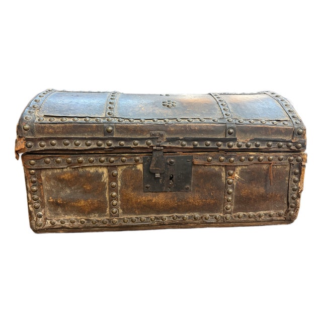 19th-Century Antique Brass-Studded Leather Document Box Trunk For Sale
