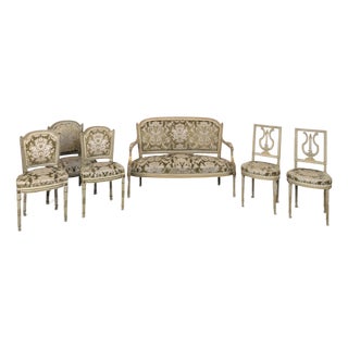 Louis XVI Style Cream Lacquered and Upholstered Cabriolet Salon Set with Gilded Highlights, Set of 6 For Sale