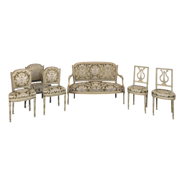 Louis XVI Style Cream Lacquered and Upholstered Cabriolet Salon Set with Gilded Highlights, Set of 6 For Sale