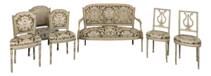 Louis XVI Style Cream Lacquered and Upholstered Cabriolet Salon Set with Gilded Highlights, Set of 6
