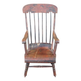 Antique Early American Country Farmhouse Windsor Slat Back Rocking Chair For Sale