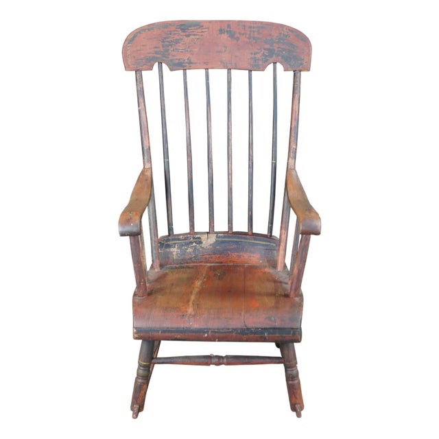 Antique Early American Country Farmhouse Windsor Slat Back Rocking Chair For Sale