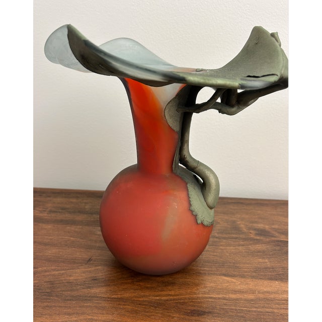 F. Silviy Signed Italian Art Glass Vase – Sculptural Pâte De Verre & Patinated Metal – Attributed to Murano, Venice Italy – 20th Century For Sale - Image 14 of 15