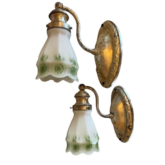 Metal Antique Silverplate Gooseneck Wall Sconccs With White and Green Flower Shades - a Pair For Sale - Image 7 of 8