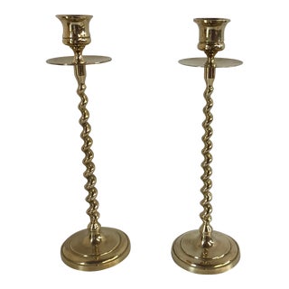 Vintage Brass Twist Candlesticks With Wax Catchers - a Pair For Sale