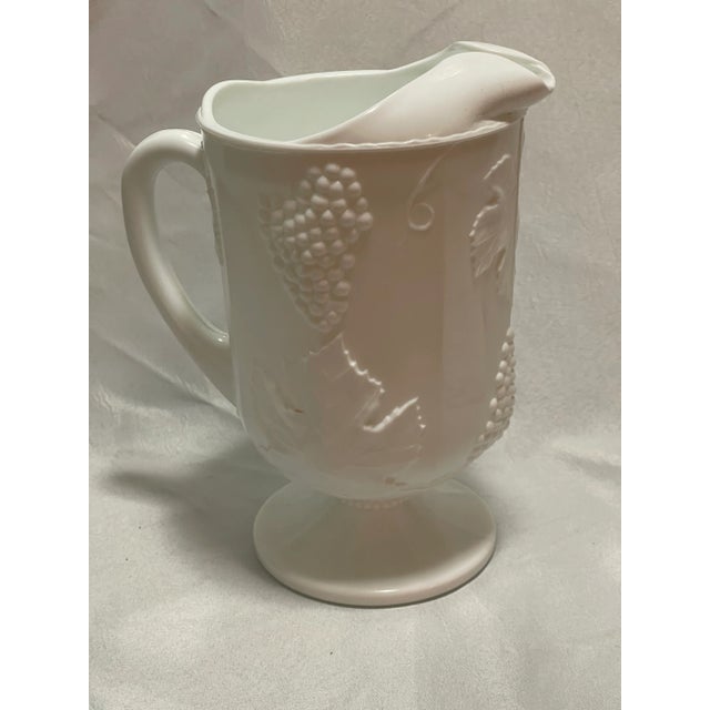 Mid-Century Indiana Heavy Milk Glass Paneled Colony Harvest Grape Vine Pitcher & Tumblers Set- 7 Pieces For Sale - Image 9 of 12