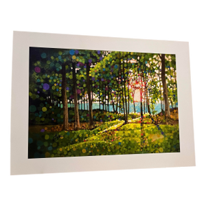 1990s Kevin Conklin Colorful Forest by River Landscape Art Print