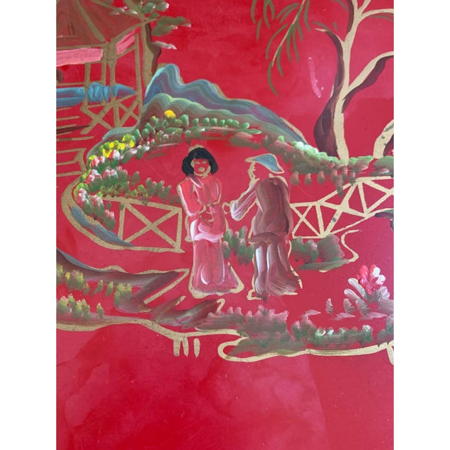 Vintage Red Hand Painted Chinoiserie Tole Tray For Sale - Image 10 of 12