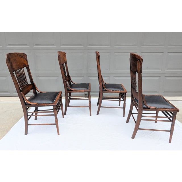 Late 19th Century Victorian Pressed Back Oak Dining Chairs Leather Seats Spindle Back For Sale - Image 16 of 18