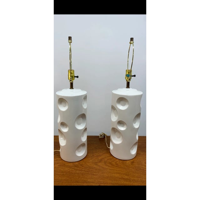 Pair of Mid 20th Century Swiss Cheese Style White Ceramic Table Lamps For Sale - Image 14 of 17
