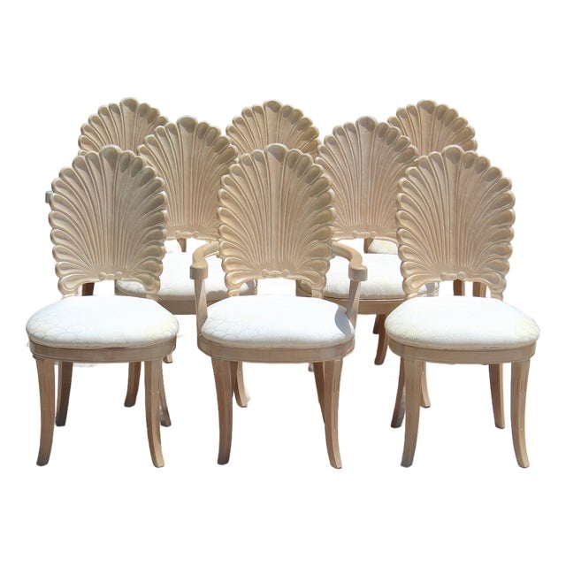 1980s Vintage Italian Hollywood Regency Grotto Shell-Back Dining Chairs - Set of 8 For Sale