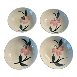Mid Century Vintage 1950’s Stetson China Cereal Bowls Pink Flowers Black Stems Gray Leaves- Set of 4