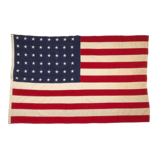 Large Vintage Cotton American Flag With 48 Embroidered Stars | Chairish
