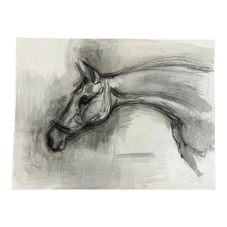 Vintage Abstract Horse Painting Contemporary "Horse Portrait Study in Black and White" Mixed Medium on Paper, 1990s " For Sale