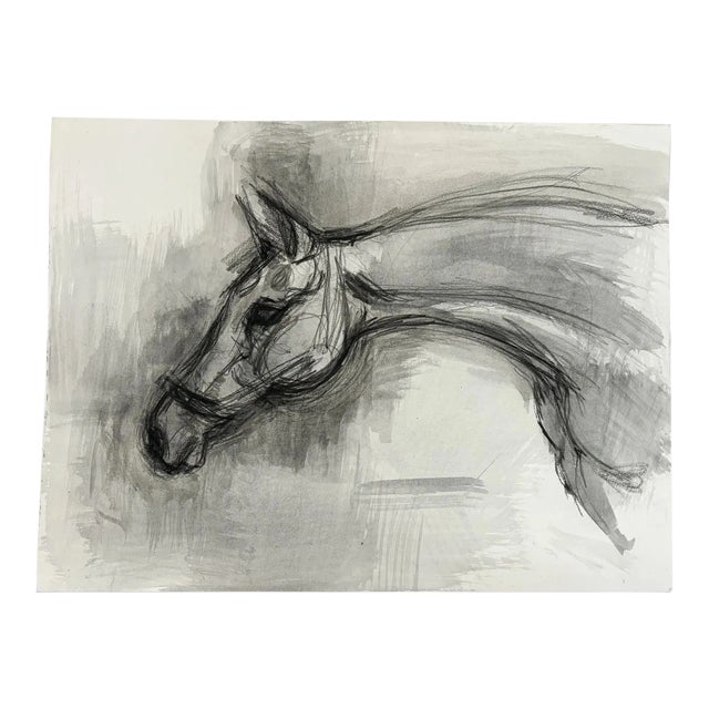 Vintage Abstract Horse Painting Contemporary "Horse Portrait Study in Black and White" Mixed Medium on Paper, 1990s " For Sale