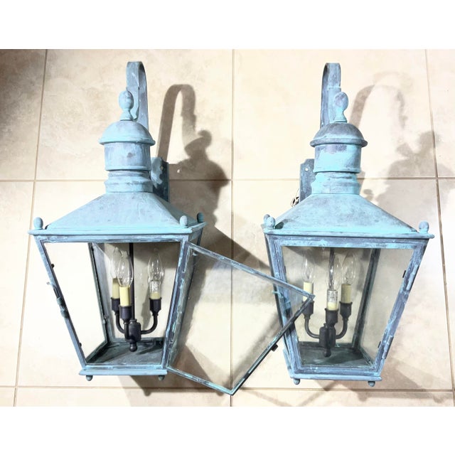 Large Pair of Vintage Solid Brass Wall Lanterns - 12”x 12”x 24” For Sale - Image 4 of 15