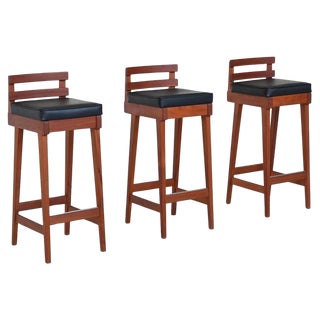 Vintage Bar Stools in Teak and Leather by Erik Buck for Dyrlund, 1960, Set of 3 For Sale