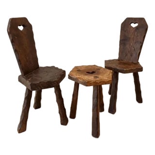 Early 20th Century French Alpine Hand-Carved Chairs and Stool Set For Sale