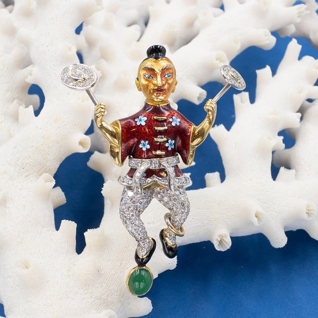 Italy 18K yellow gold diamond jade red enamel acrobat brooch set with 131 round brilliant cut diamonds approximate 3.94...