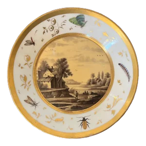 Antique Early 19th Century Paris Porcelain Dish Decorated With a Sepia Landscape and Butterfly Insect Border