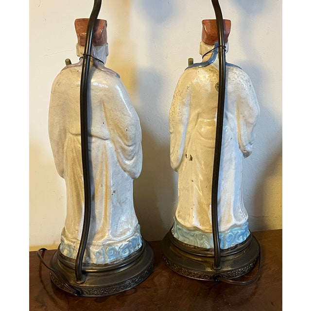 Ceramic Antique Early 20th Century Chinese Pottery Figures of Musician Attendants With Flutes Mounted as Table Lamps - A Pair For Sale - Image 7 of 9