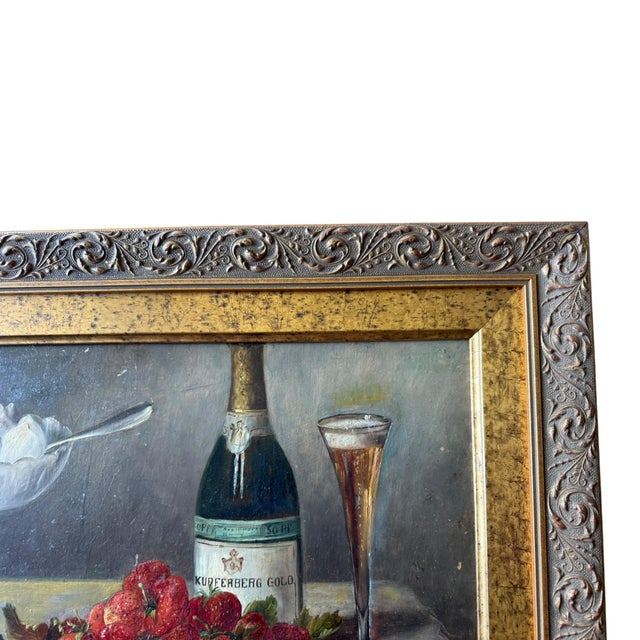 Realism 1940s M. Heller Hermann (B. 1897) German Still Life With Strawberries & Champagne, Oil on Board For Sale - Image 3 of 10