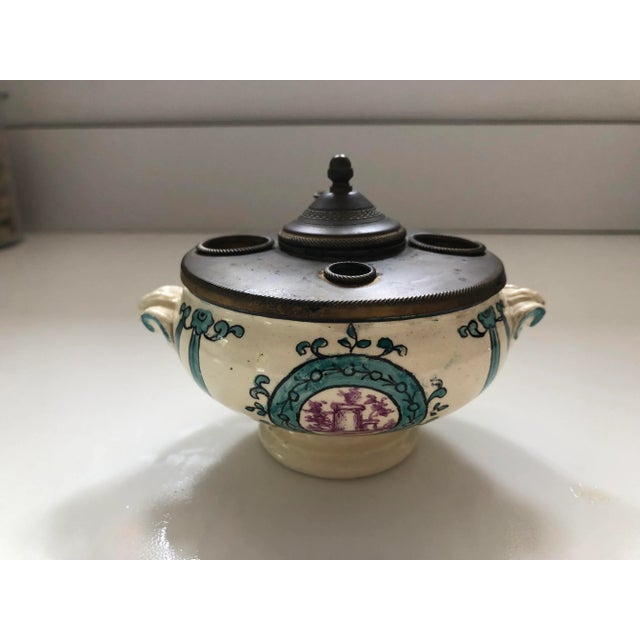 Brass Antique French Porcelain Hand Painted Inkwell For Sale - Image 8 of 8