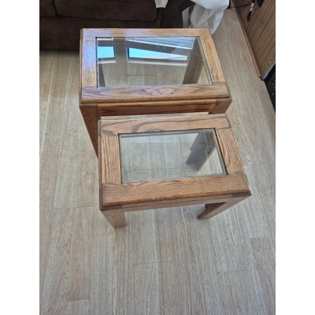 1980s Vintage Drexel Style Heritage Accolade Collection Glass-Top End Tables With Oak Wood Frames. For Sale - Image 5 of 9