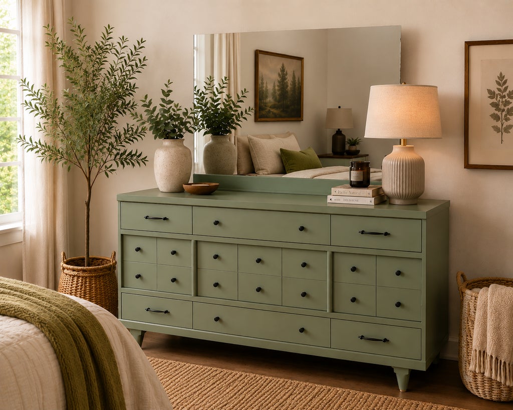 sage green dresser bedroom Custom Refinished Mid-Century Modern 12-Drawer With Frameless Mirror ProductID: 115051