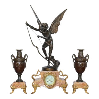 Antique Clock Garniture Rare French 1896 "Amour Irresistible" Angel Statue Pink Marble 3-Piece Mantel Set For Sale