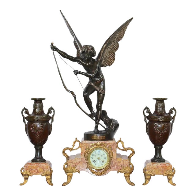 Antique Clock Garniture Rare French 1896 "Amour Irresistible" Angel Statue Pink Marble 3-Piece Mantel Set For Sale