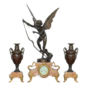 Antique Clock Garniture Rare French 1896 "Amour Irresistible" Angel Statue Pink Marble 3-Piece Mantel Set