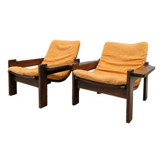 Vintage Oak and Orange Velvet Armchairs, 1979, Set of 2 For Sale