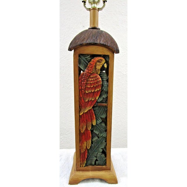 Tommy Bahama Matched Pair of Parrot Motif Table Lamps With Custom Linen Shades Attributed to Tommy Bahama For Sale - Image 4 of 12