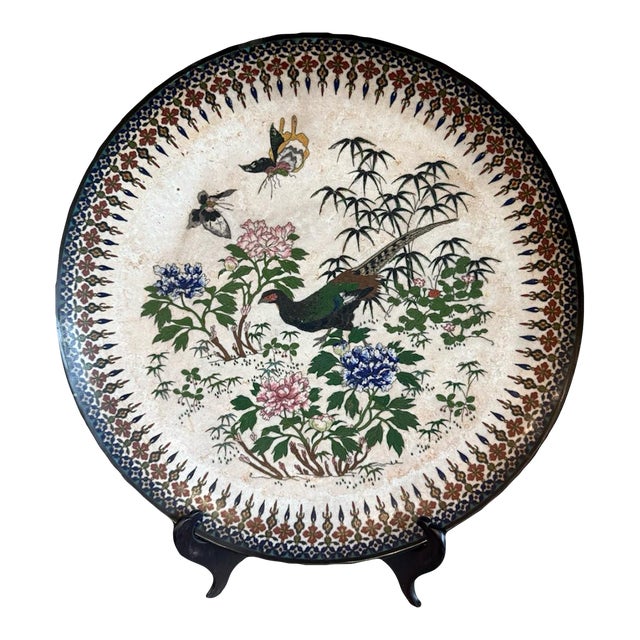 Early Meiji Japanese Cloisonne Enamel Charger White Ground Pheasant and Peonies For Sale