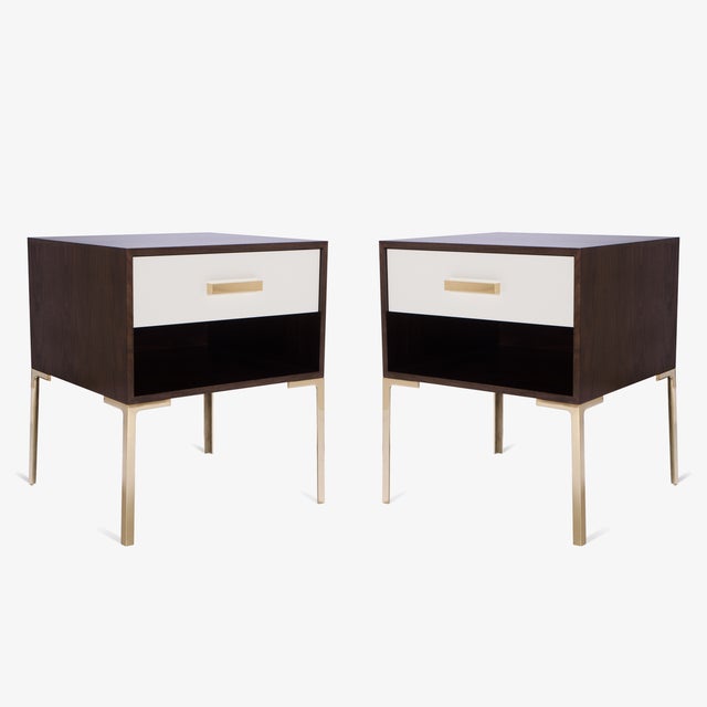 Mid-Century Modern Astor Tall Brass Nightstands in Ebony Walnut and Ivory Lacquer by Montage, Pair For Sale - Image 3 of 6