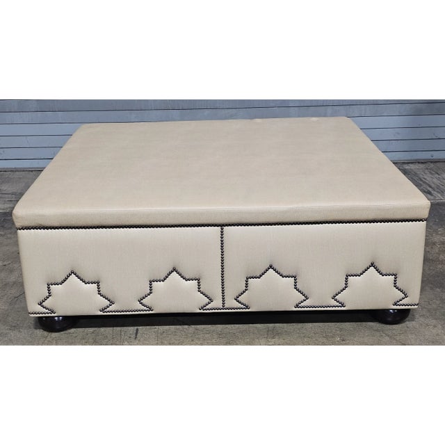 Late 20th Century Large Designer Beige Leather Upholstered Ottoman Pattern Tack Trim Bun Feet For Sale In Cleveland - Image 6 of 6