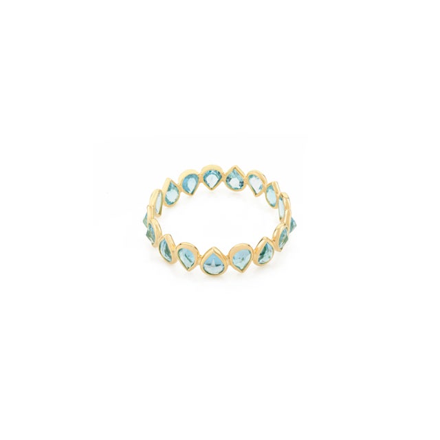 Metal 18k Solid Gold Pear Cut Blue Topaz Stackable Eternity Band Ring Size 5 For Sale - Image 7 of 12