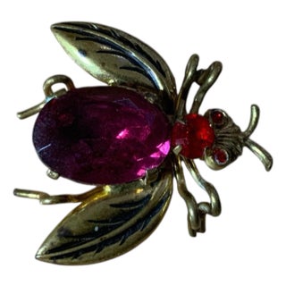 Vintage Czech Brass Pink Rhinestone Bee Bug Brooch / Pin For Sale