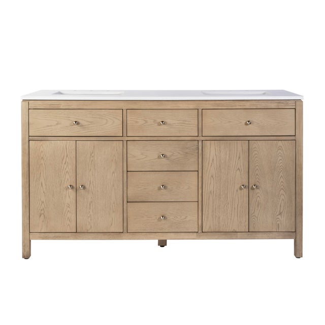 Nora 60 in. W Quartz and Wood Double Sink 4 Drawer Bathroom Vanity Set, Light Oak For Sale In Chicago - Image 6 of 11
