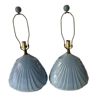 Midcentury Modern Nautilus Ceramic Glazed Lamps (2) Crustacean Blue For Sale