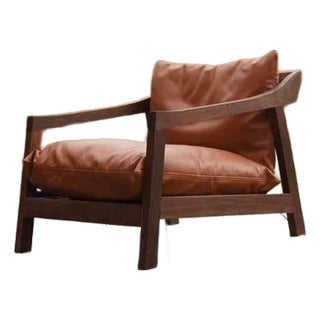Olive Green Leather Lounge Chair, Mid Century Modern Accent Chair, Solid Wood Frame Armchair, Luxury Living Room Seating For Sale