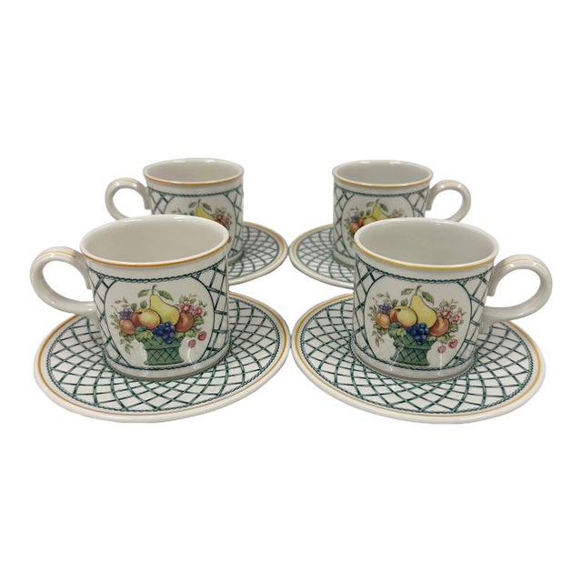Vintage Set of Villeroy and Boch Basket Coffee Cups and Matching Saucers - Set of 8 For Sale