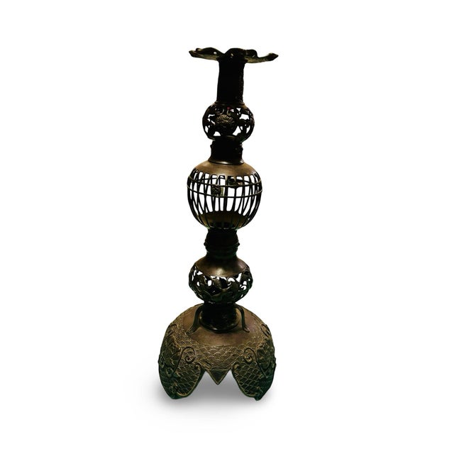 Vintage Japanese Bronze Candle Holder For Sale - Image 4 of 7