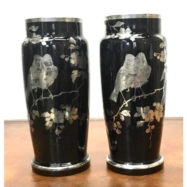 1920s Black Glass Silver Overlay Japanese Style Vases-a Pair For Sale - Image 12 of 12
