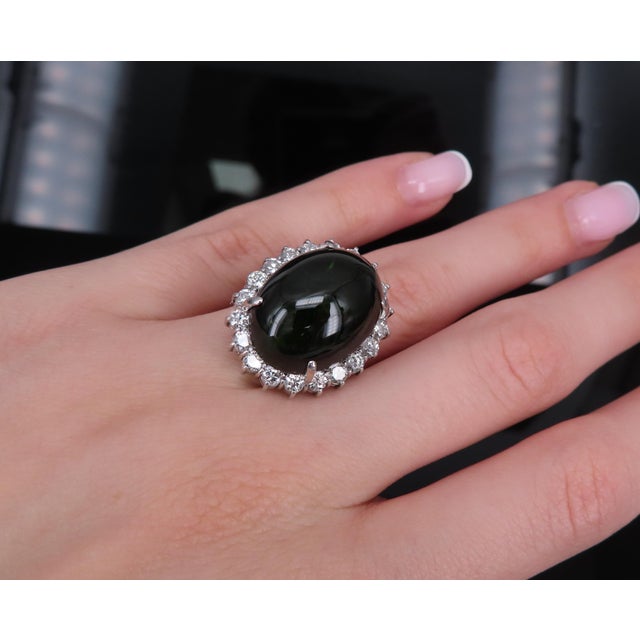 Late 20th Century Massive 26.18ct Green Tourmaline 1.83ct Diamond 18k White Gold Ring Size 4.75 For Sale - Image 11 of 18